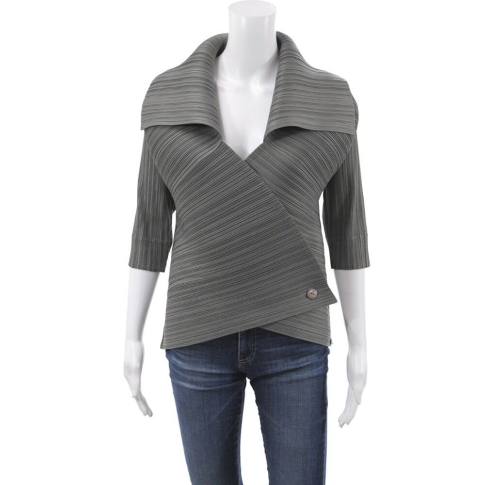 Vanite Couture Women Gray V-Neck Tunic Blouse 3/4 Sleeve Button Size M
